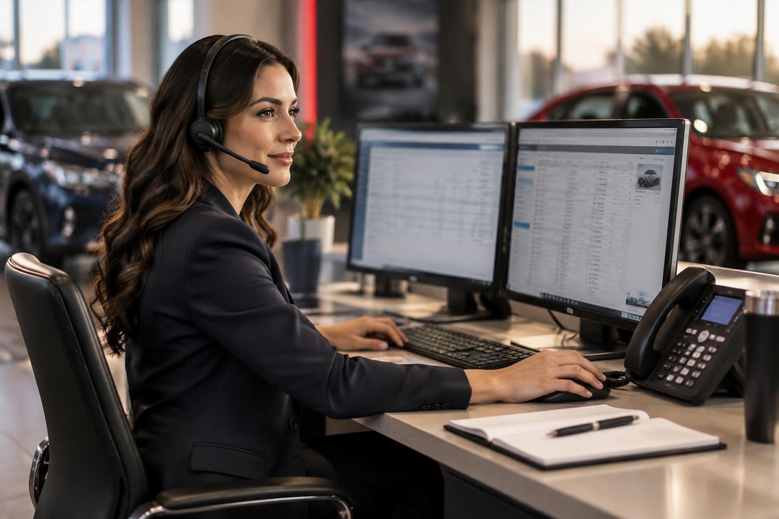 A BDC representative wearing a headset at a desk with dual monitors, a phone and a CRM screen in a modern dealership office